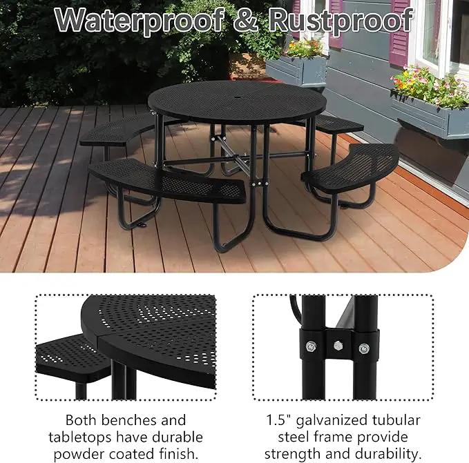 46'' Steel Round Picnic Table for Outdoors, Expanded, Lifetime Picnic Table with Umbrella Hole, Heavy Duty Sturdy Commercial Picnic Tables for Garden Courtyard BBQ, Black by GreenHaven Gardens