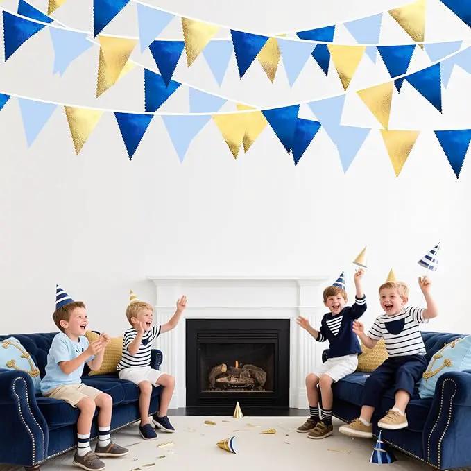 Gold Blue Party Decoration Gradient Blue and Gold Triangle Pennant Banner Flag Metallic Fabric Bunting Garland for Nautical Ahoy Achor Birthday Graduation Retirement Wedding Baby Shower Party Supplies by GreenHaven Gardens