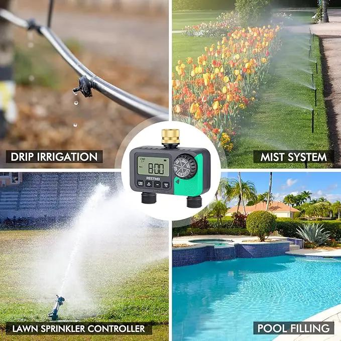 RESTMO Water Timer for Garden Hose, Sprinkler Timer with Brass Inlet, Automatic Digital Control | Manual ON/Off | Rain Delay, for Outdoor Faucet, Drip Irrigation and Lawn, 2 Outlet by GreenHaven Gardens