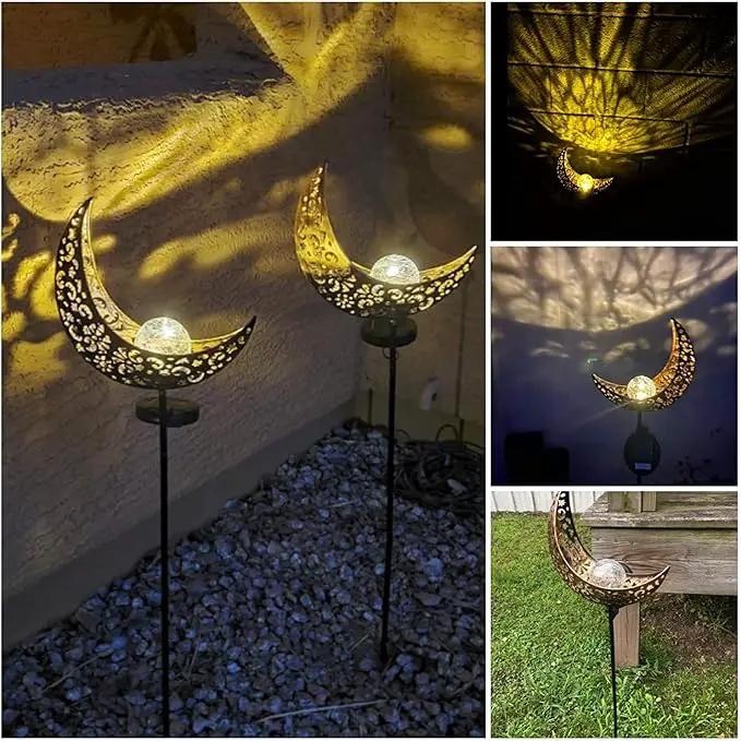 SunKite 2 Pack Garden Solar Light Outdoor Metal Moon Shape Lamp with Waterproof Crackle Glass Globe for Garden,Lawn,Patio,Pathway or Courtyard by GreenHaven Gardens