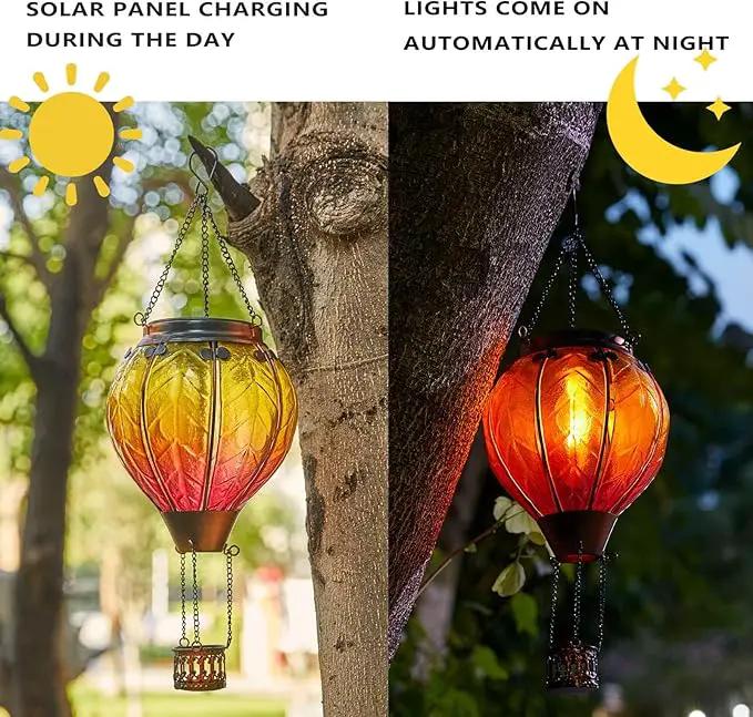 pearlstar Hot Air Balloon Solar Lantern with Flickering Flame Light Outdoor Solar Hanging Lights Waterproof for Garden Yard Farmhouse Patio Outside Decoration, Stained Glass Gradient Orange by GreenHaven Gardens