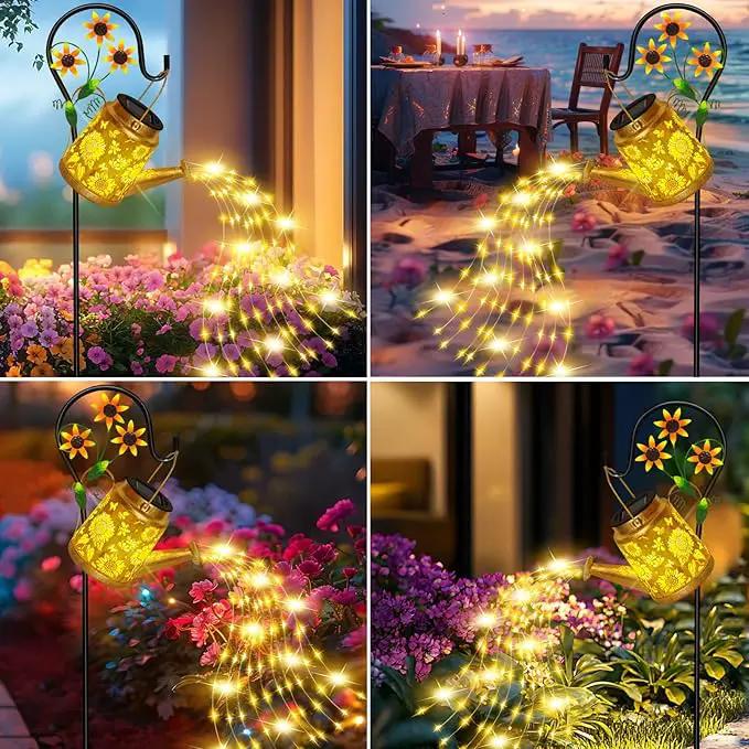 Solar Watering Can Lights Outdoor Garden Decor, Large Sunflower Hanging Lantern with Shepherd Hook, Yellow LED, Gold Finish, Floral Theme, Outdoor Decoration, Parties, Occasions by GreenHaven Gardens