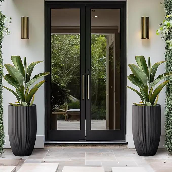 Kante 24 Inch Tall Round Concrete Planter, Large Indoor Outdoor Plant Pots with Drainage Hole and Rubber Plug, Modern Decorative Garden Pots for Home Patio Porch, Textured Black by GreenHaven Gardens