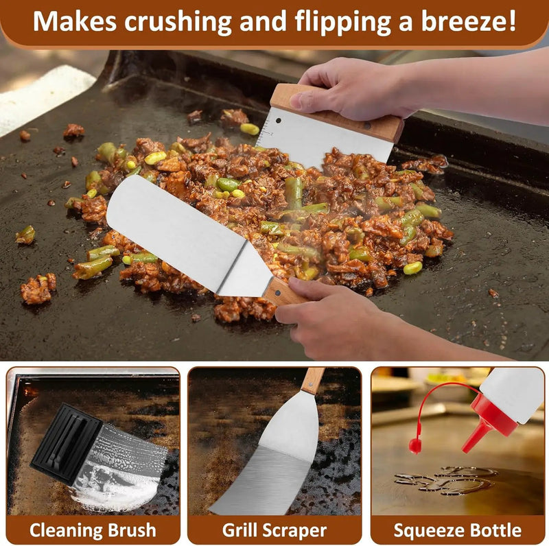 Griddle Accessories Set of 25, Leonyo Flat Top Grill Accessories, Professional BBQ Tool with Enlarged Spatulas Scraper, Basting Cover, Smash Burger Press, Carry Bag for Outdoor Barbecue, Wood Handle by GreenHaven Gardens