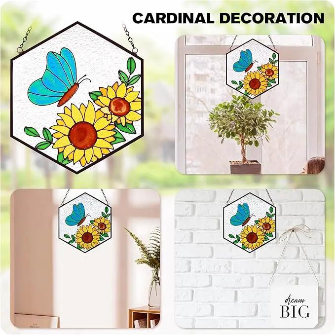 Stained Glass Butterfly Sunflower Suncatcher Window Hanging Ornament, Light Transmission Hand Paint Sun Catchers for Women Gifts, for Lover by GreenHaven Gardens