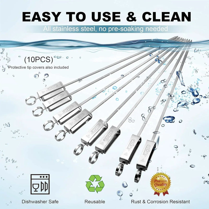 GRILLART Kabob Skewers for Grilling - Metal Skewers for Kabobs with Slider - Flat BBQ Skewers Stainless Steel - 17" Shish Kabob Grill Skewers & Ideal Kabob Sticks for Meat Shrimp Chicken Veggie(10PCS) by GreenHaven Gardens
