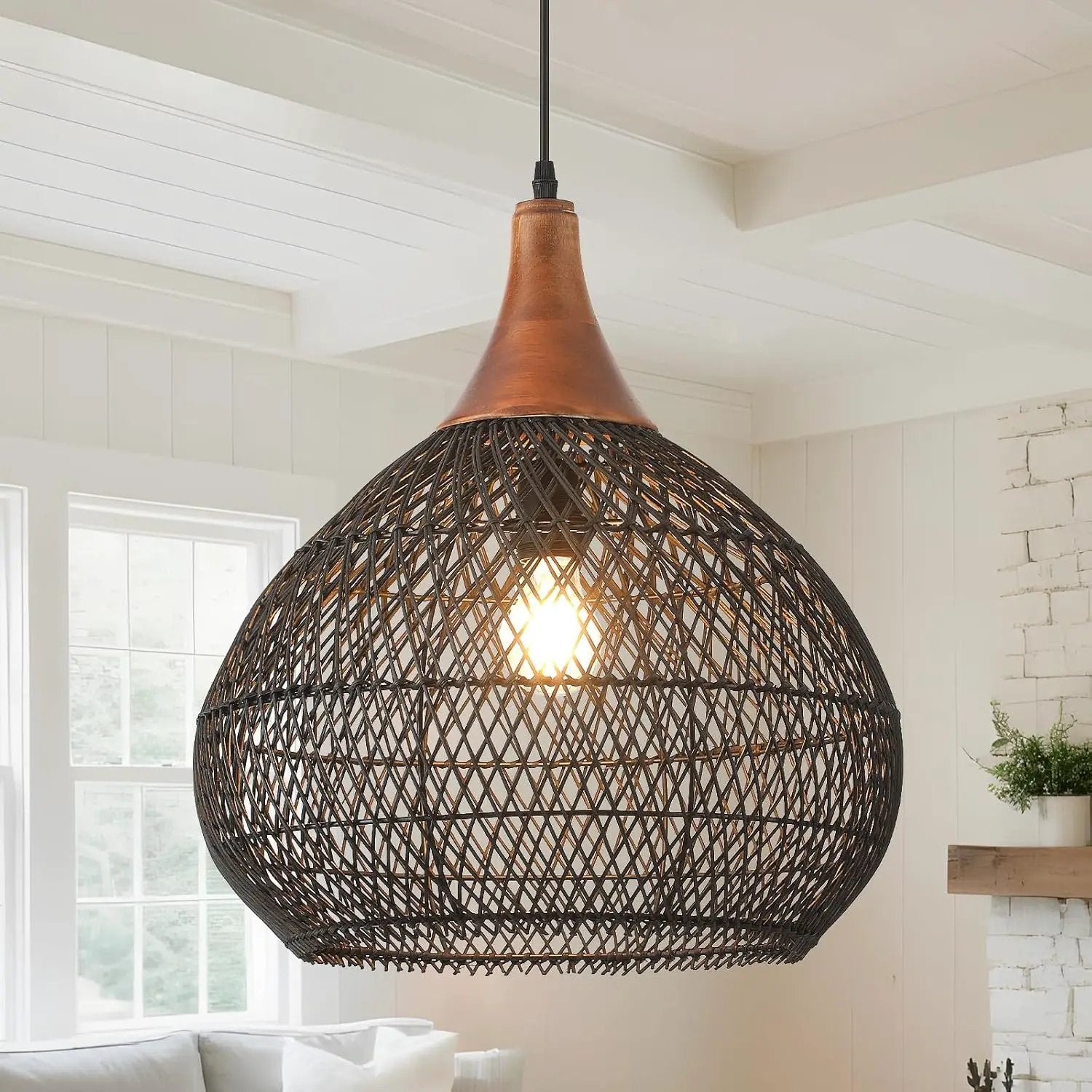 Black Rattan Pendant Light, 15.7" Rattan Chandelier Hand-Woven Wicker Pendant Light Fixtures with Solid Wood, Basket Hanging Lighting for Dining Room Kitchen Island Living Room by GreenHaven Gardens