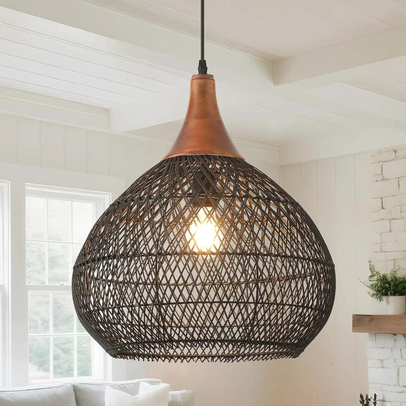 Black Rattan Pendant Light, 15.7" Rattan Chandelier Hand-Woven Wicker Pendant Light Fixtures with Solid Wood, Basket Hanging Lighting for Dining Room Kitchen Island Living Room by GreenHaven Gardens