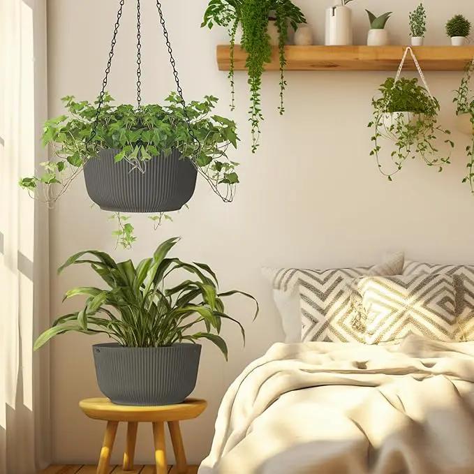 T4U 8 Inch Hanging Planters for Indoor Outdoor Plants, Self Watering Hanging Pot Pack of 2, Hanging Pots with Drainage Hole & Plug & Chain with 3 Hooks for Garden Home Decor, Grey by GreenHaven Gardens