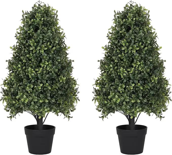 30" Boxwood Topiary Trees Artificial Outdoor Set of 2, UV Resistant Faux Plants for Front Porch Planters, Realistic Cone-Shaped Fake Bushes & Shrubs, 2.5ft Evergreen Decoration by GreenHaven Gardens