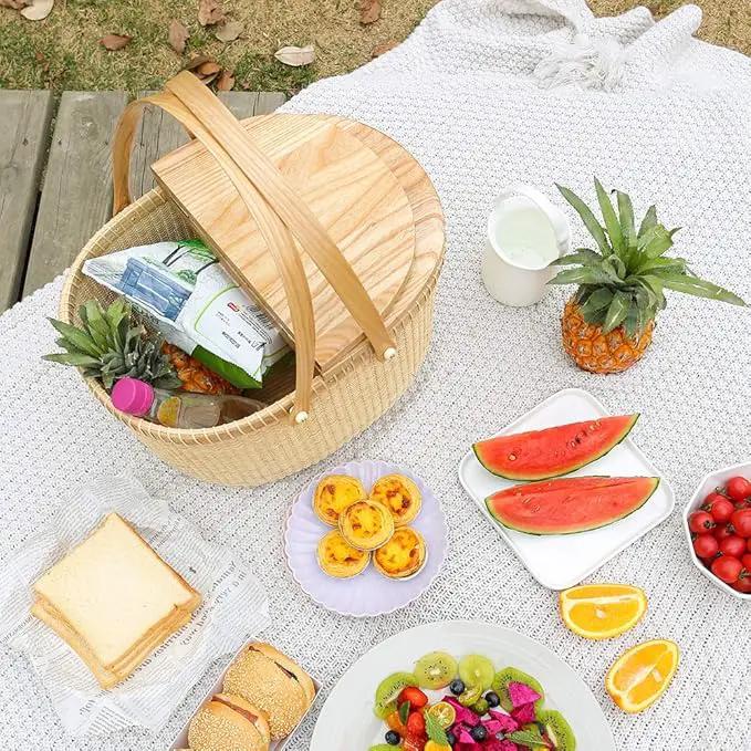 Nantucket Basket Crafts Cane-on-Cane Weave Picnic Basket Shopping Basket Basket Storage Basket Two Swing Handles (Ash Activity Double Open) by GreenHaven Gardens