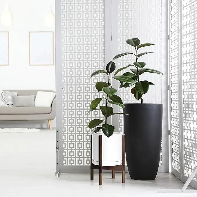D'vine Dev Ceramic Planter with Walnut Color Stand - 10 Inch Modern Round Flower Pot with Wood Planter Holder, White, 55-B-X-1