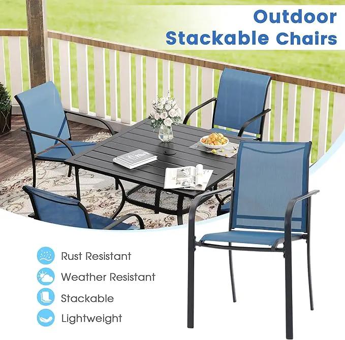 VICLLAX Patio Dining Set for 4, Outdoor Furniture Set Includes 40.2" Square Patio Table and 4 Stackable Patio Sling Chairs, Patio Table and Chairs for Outsides, Black Table and Blue Chairs by GreenHaven Gardens