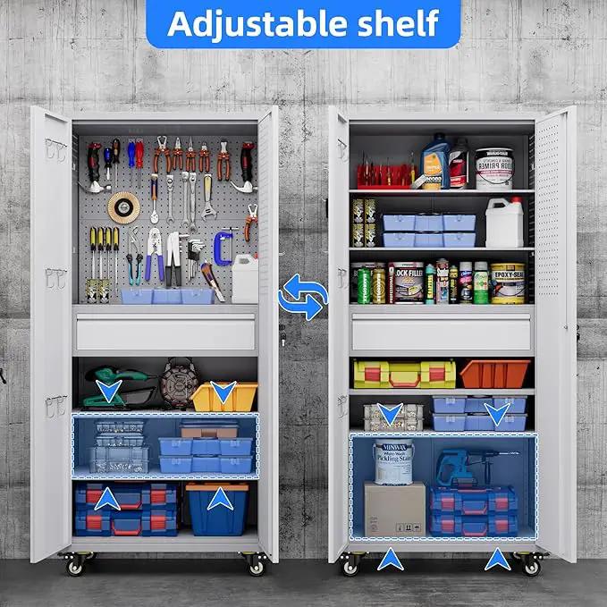 Garage Storage Cabinet with Locking Doors and 2 Adjustable Shelves, 71" H Metal Rolling Tool Storage Cabinet with Wheels, Drawer, Pegboard and 16 Hooks for Garage, Warehouse, White and Gray by GreenHaven Gardens
