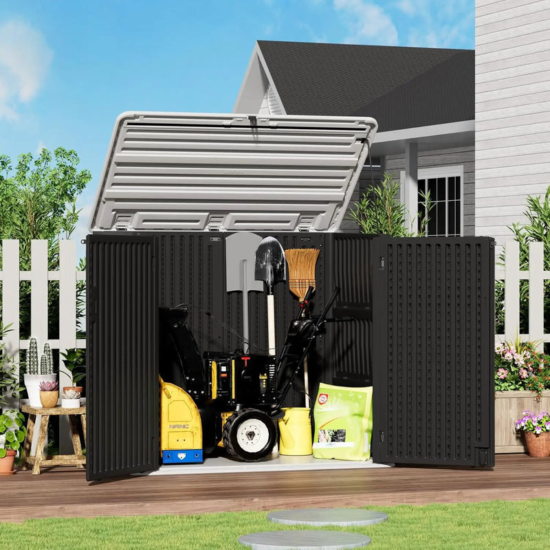 ZZM Large Outdoor Storage Shed, 48 Cu Ft Resin Versatile Storage Cabinet for Patio Accessories, Trash Cans & Garden Tools, Durable Horizontal Storage Box with Lockable Lid (Black) by GreenHaven Gardens