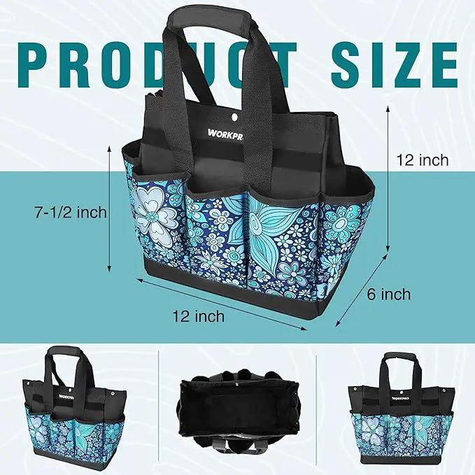 WORKPRO Garden Tool Bag, 9 Pockets Gardening Bag, Heavy Duty Oxford Garden Tote Caddy (Tools NOT Included), 12" x 12" x 6" (Floral Blue) by GreenHaven Gardens