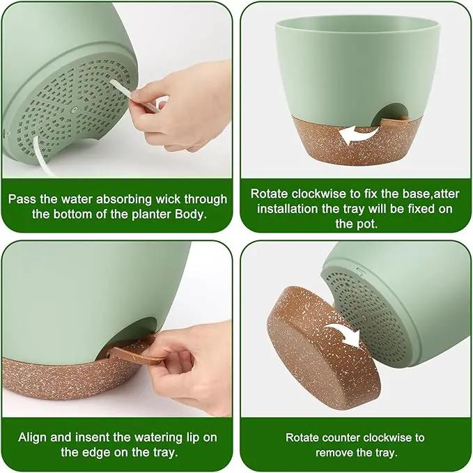 Plant Pots 10/9/8 Inch Self Watering Pots, Set of 3 Plastic Planters with Drainage Holes and Saucers,Plastic Flower Pots,Nursery Planting Pot for Indoor Out Door Plants（Green） by GreenHaven Gardens