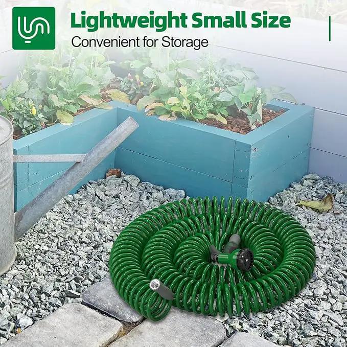 3/8" Lightweight Coil Garden Hose 100FT, EVA Flexible Curly Water Pipes with 6-Pattern Spray Nozzle for Boat, Greenhouse, Yard, Patio, Green by GreenHaven Gardens