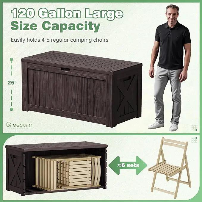 Greesum 120 Gallon Outdoor Storage Box with Lock - Large Resin Deck Box, Reinforced Lid for Garden, Patio, Lawn, Brown by GreenHaven Gardens