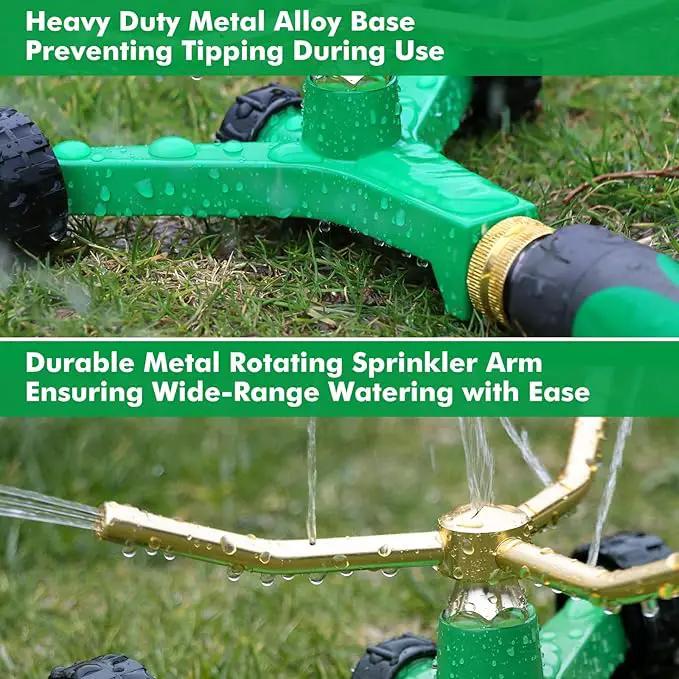 [2 Pack] RESTMO 3-Arm Metal Sprinkler with Wheel Base, 360 Degree Automatic Rotary Lawn Sprinkler System for Garden Plant, Flower Bed and Yard Watering and Large Yard Area Watering by GreenHaven Gardens