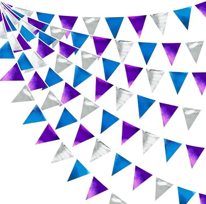 Frozen Party Decoration Purple Blue Silver Metallic Fabric Triangle Pennant Banner Flag Bunting Garland for Frozen Winter Wonderland Christmas Birthday Wedding Baby Shower Bridal Shower Party Supplies by GreenHaven Gardens