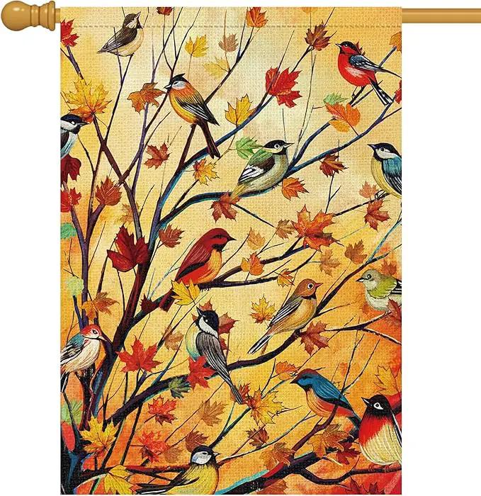 Louise Maelys Welcome Fall Garden House Flag 28x40 Inch Double Sided, Autumn Maple Tree Birds Large Burlap Garden Flag Fall Thanksgiving Outside Outdoor House Yard Decor (Only Flag) by GreenHaven Gardens
