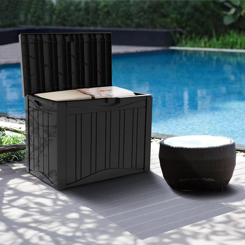 50 Gallon Plus Resin Deck Box, Waterproof Outdoor Storage Bin for Patio, Poolside, and Garden, Lockable & UV-Resistant, Ideal for Small Spaces, Black by GreenHaven Gardens
