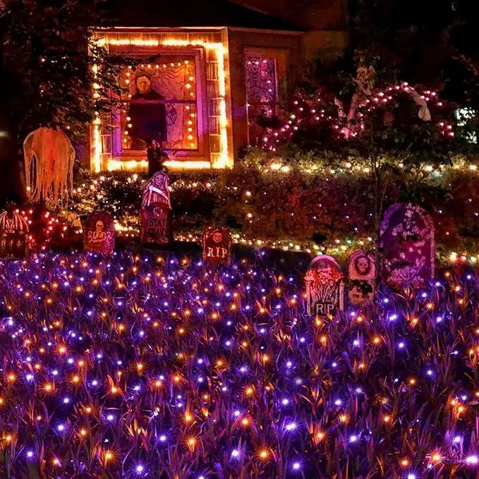 Joomer 12ft x 5ft 360LED Orange Purple Halloween Net Lights Outdoor Mesh lights, 8 Modes Timer Connectable Waterproof Bush Lights Mesh Netting Lights for Halloween Outdoor Decorations (Green Wire) by GreenHaven Gardens