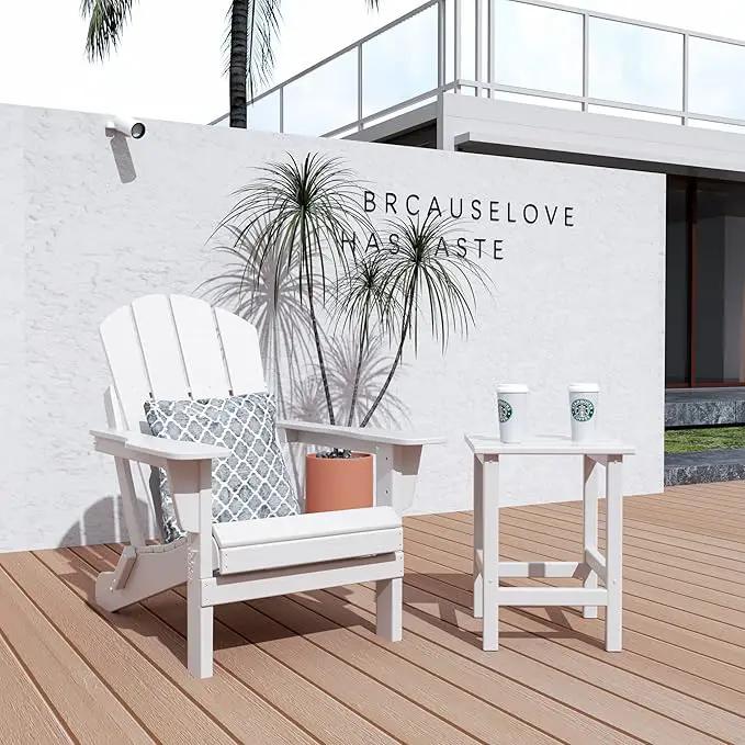 WO Home Furniture Adirondack Chair Table Set of 2 PCS Outdoor Folding Chair w Side Table Weather/UV Resistant for Lawn, Garden, Bon Fire, Balcony (White) by GreenHaven Gardens