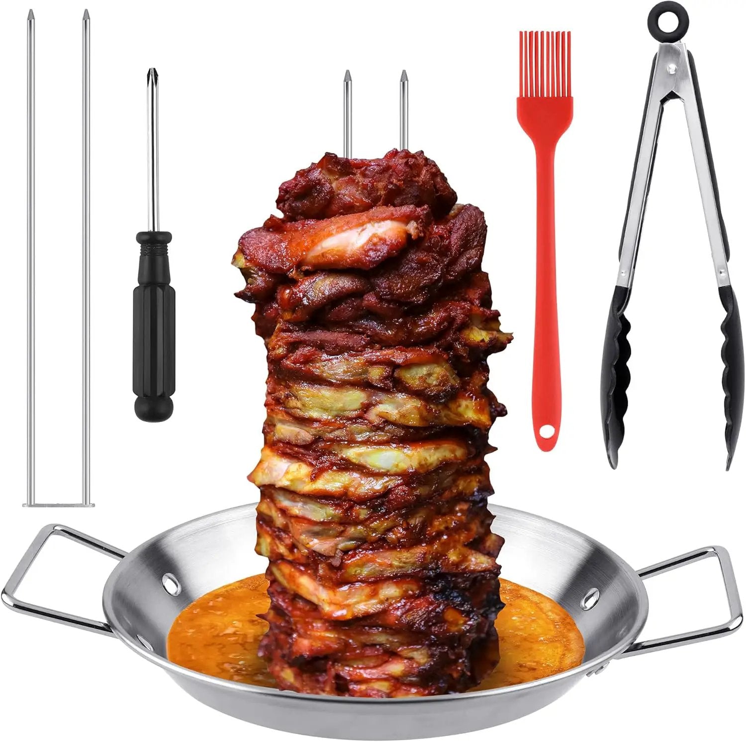 Elcoho Al Pastor Skewer for Grill BBQ Vertical Skewer Pan with Spikes Brush Tongs Screwdriver Al Pastor Rotating Grill Vertical Rotisserie for Turkey Tacos Al Pastor Shawarma Chicken on Smoker Oven by GreenHaven Gardens