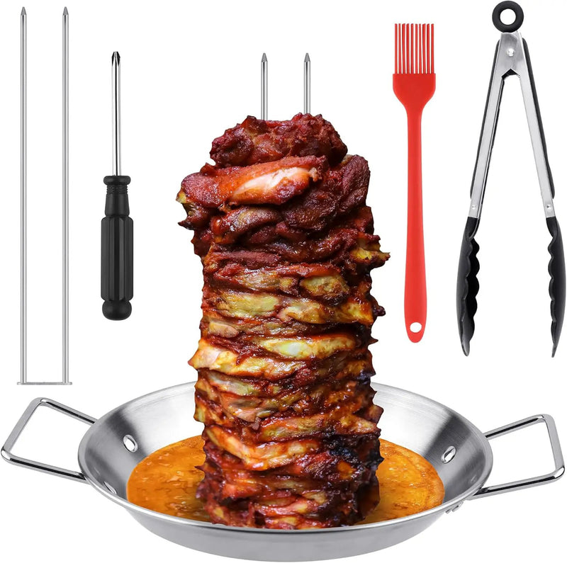 Elcoho Al Pastor Skewer for Grill BBQ Vertical Skewer Pan with Spikes Brush Tongs Screwdriver Al Pastor Rotating Grill Vertical Rotisserie for Turkey Tacos Al Pastor Shawarma Chicken on Smoker Oven by GreenHaven Gardens