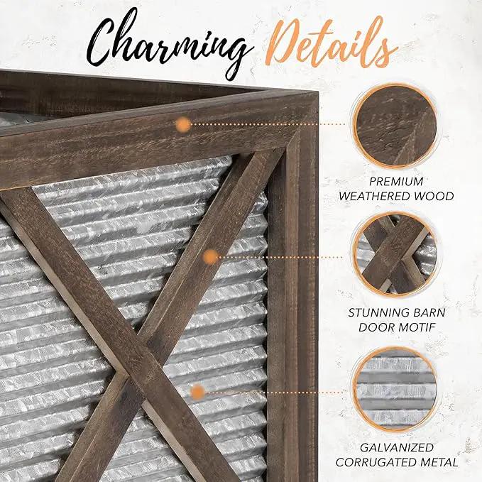 Autumn Alley Farmhouse Front Porch Planters Set of 2 Stand with Galvanized Corrugated Metal Planters for Outdoors/Indoors - Rustic Wood Square Planters Box on Legs – Charming Farmhouse Décor, Brown by GreenHaven Gardens