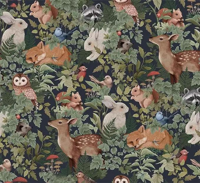 Animal Leaf Forest Deer Rabbits Squirrel Owl Green Plants Peel and Stick Wallpaper Self Adhesive Removable Easy Peel Off Contact Paper Stick on Wall Paper for Bedroom&Renter by GreenHaven Gardens