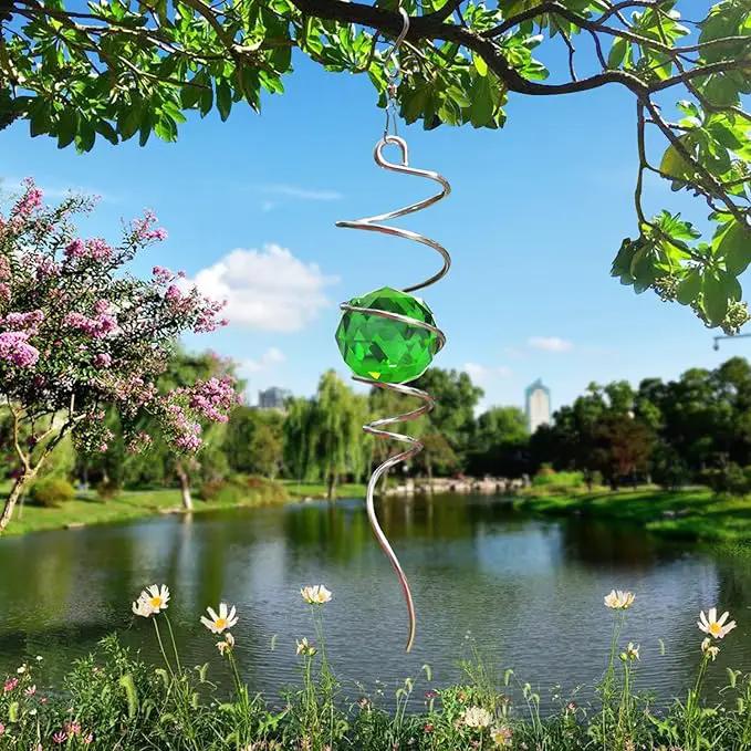 Fonmy Gazing Ball Spiral Tail -Decorative Wind Spinner Sun Catcher Rainbow Maker 11 inch Tail and 2 inch Green Crystal Orb. Indoor Outdoor Garden Decoration -13 inch Height by GreenHaven Gardens