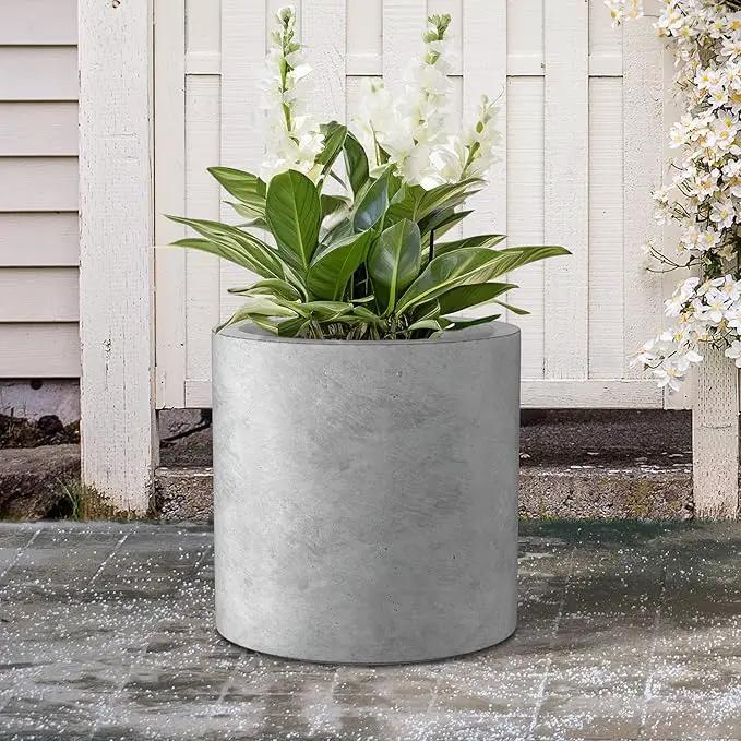 Kante 15.7" Dia Round Concrete Planter, Modern Style Large Cylindrical Plant Pot with Drainage Hole and Rubber Plug for Indoor Outdoor Patio, Natural Concrete by GreenHaven Gardens