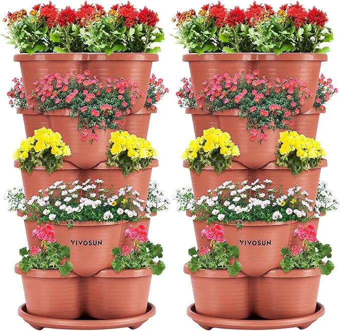 VIVOSUN 2-Pack 5 Tier Vertical Gardening Stackable Planter for Strawberries, Flowers, Herbs, Vegetables, Brown by GreenHaven Gardens
