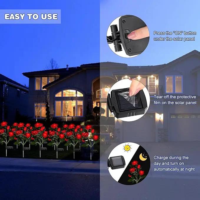 4 Pack Outdoor Solar Flower Lights Waterproof Garden Decorative Lights Outside Solar Powered Pathway Lights with 20 Realistic Rose Flowers for Yard Lawn Pathway Backyard Decor(Red) by GreenHaven Gardens