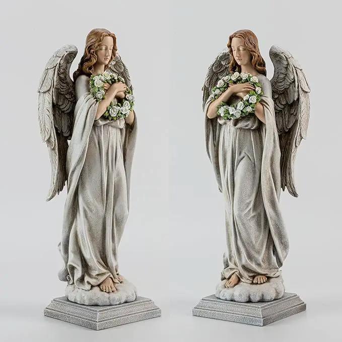 Garden Angel with Flower Wreath Statue - 16" Outdoor Memorial Angel Decor by GreenHaven Gardens