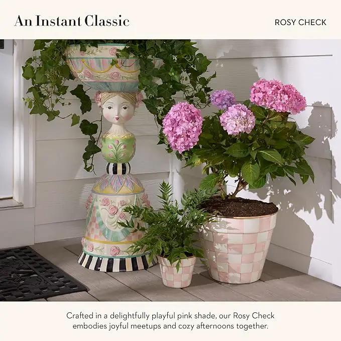 MACKENZIE-CHILDS Enamel Garden Pot, Decorative Pot for Plants, Outdoor Flowerpot Decor, Small, Pink-and-White Rosy Check by GreenHaven Gardens