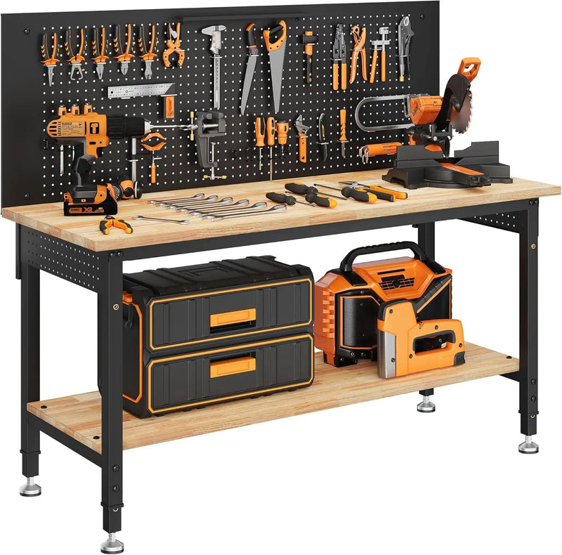 60" Work Bench Adjustable Height with Storage Shelf, Max Load 2000 LBS Heavy Duty Rubberwood Tabletop with Pegboard, LED Light, Built-in Power Strip for Woodworking Shop, Garage, Home by GreenHaven Gardens