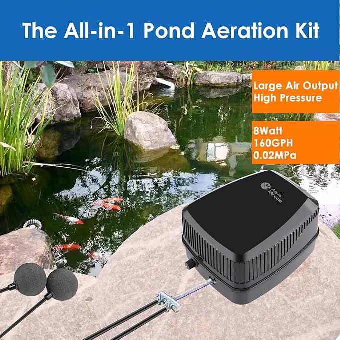 AquaMiracle Pond Aeration Kit Pond Air Pump Koi Pond Aerator for Pond up to 1500 Gallons Pond Deicer All-in-One Pond Aeration System with 2-Outlet Airline Tubing Air Stones Check Valves by GreenHaven Gardens