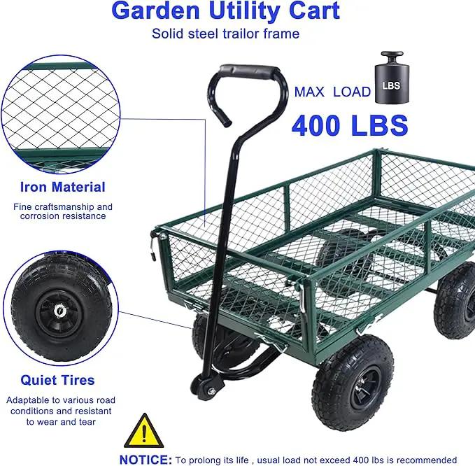 Heavy Duty 400 Lbs Capacity Mesh Steel Garden Cart Folding Utility Wagon with Removable Sides Multi-Purpose by GreenHaven Gardens