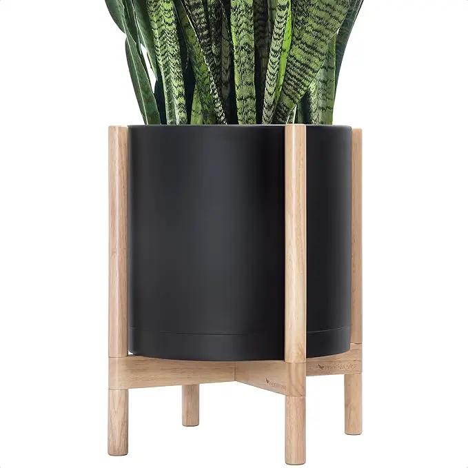 D'vine Dev Planter Pot with Stand - 14 Inch Plastic Cylinder Flower Pot with Wood Planter Holder for Indoor, Matte Black Pot + Natural Stand, 55-C-S-2 by GreenHaven Gardens