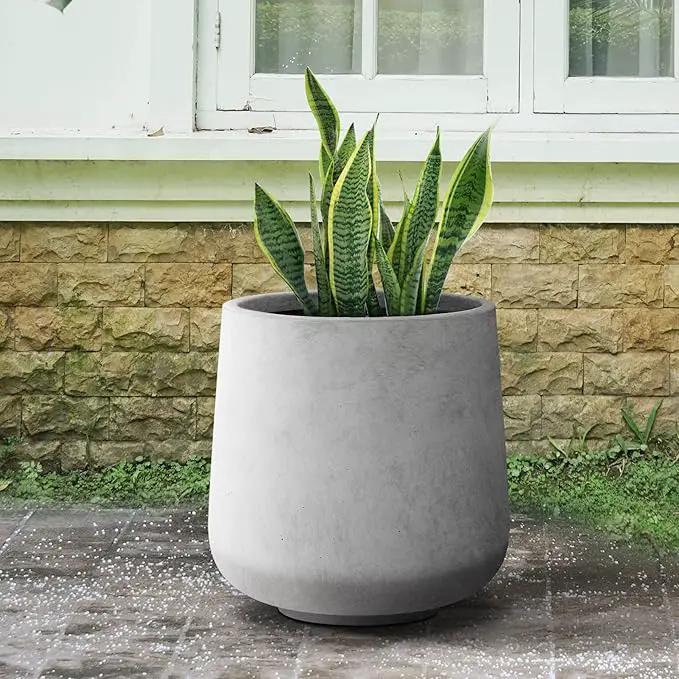 Kante 15.3" Dia Round Concrete Planter, Outdoor Indoor Large Plant Pots Containers with Drainage Hole and Rubber Plug for Home Garden Patio, Natural Concrete by GreenHaven Gardens