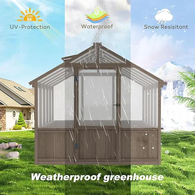 8x10 FT Greenhouse Kit with 6MM Thick Polycarbonate Panel for Outdoor, Wooden Walk-in Green House with Adjustable Roof Vent and Lockable Door, Backyard, Garden, Light Mocha Brown by GreenHaven Gardens