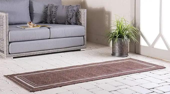 Unique Loom Outdoor Border Collection Area Rug - Soft Border (2'x 6' 1" Runner, Brown/ Ivory) by GreenHaven Gardens