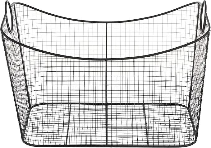 Deco 79 Metal Large Open Frame Wire Grid Storage Basket with Curved Sides and Ring Handles, 30" x 20" x 20", Black by GreenHaven Gardens