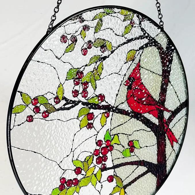 Stained Glass Window Hanging Sun Catcher 7.8”- Cardinal in Full Moon Stained Glass Suncatcher, Red Berry Tree, Nature, Indoor Decor, Wall Art, Gifts for Women by GreenHaven Gardens