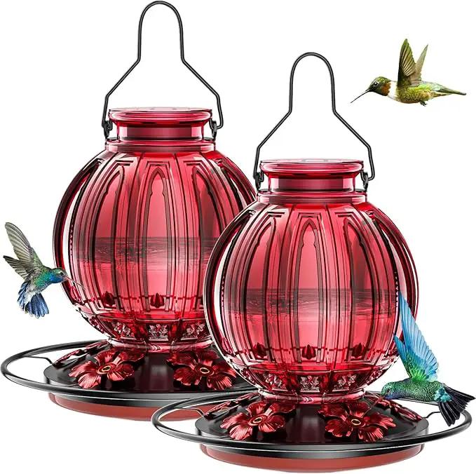 2 Pack Glass Hummingbird Feeder for Outdoors Hanging, Bird Nectar Feeder with Perch & 5 Flower Feeding Ports, 26 Oz Leak Proof for Outside Garden Decor Backyard, Gifts for Women Mom, Red by GreenHaven Gardens