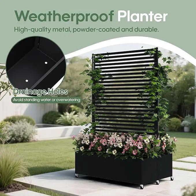 Double Metal Planter Box with Trellis Privacy Screen, Raised Garden Bed with Trellis & Wheels, Planter Box Outdoor with Drainage Holes for Climbing Plants, Vegetable, Vines,73"x 47"x 30", Black by GreenHaven Gardens